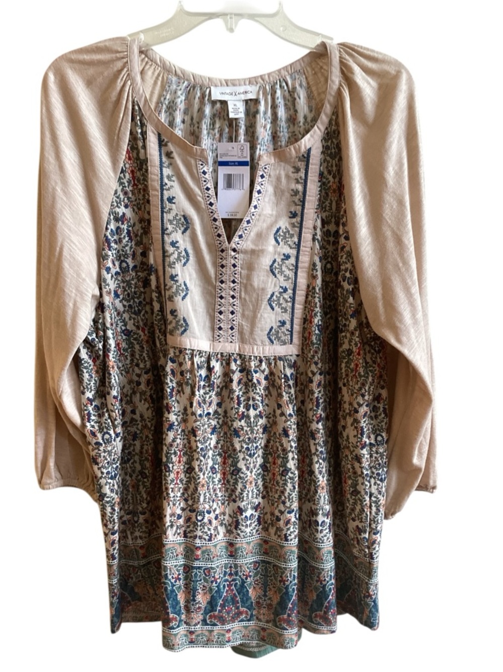 Vintage America Beige and Blue Floral Boho Tunic